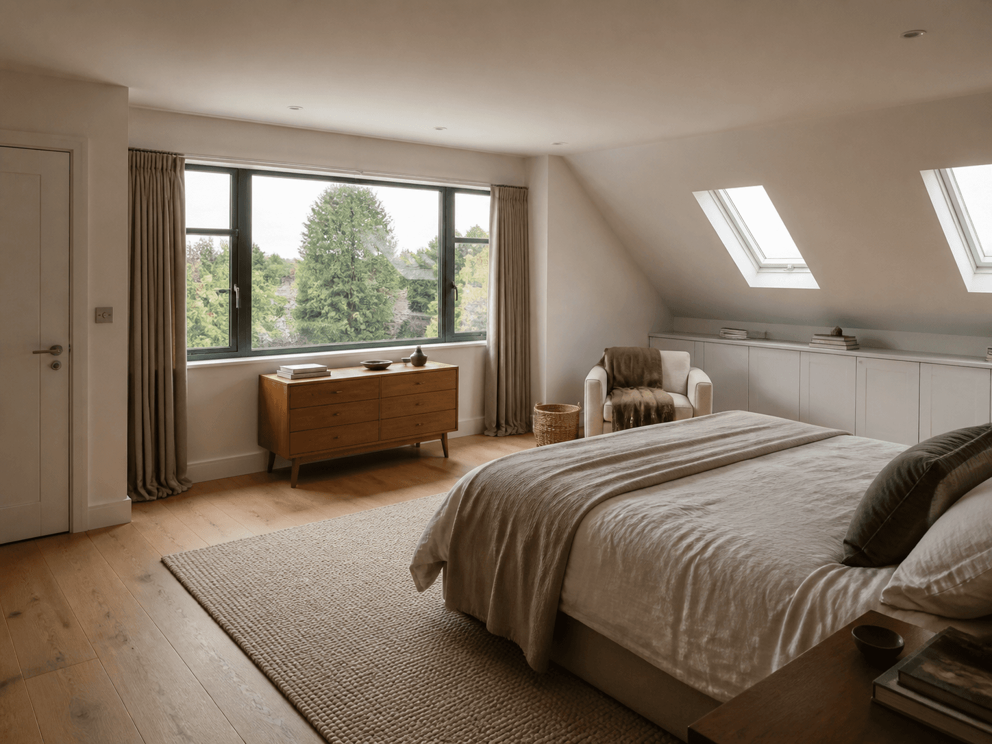 Interior of a completed Birmingham loft conversion with rooflights and dormer window