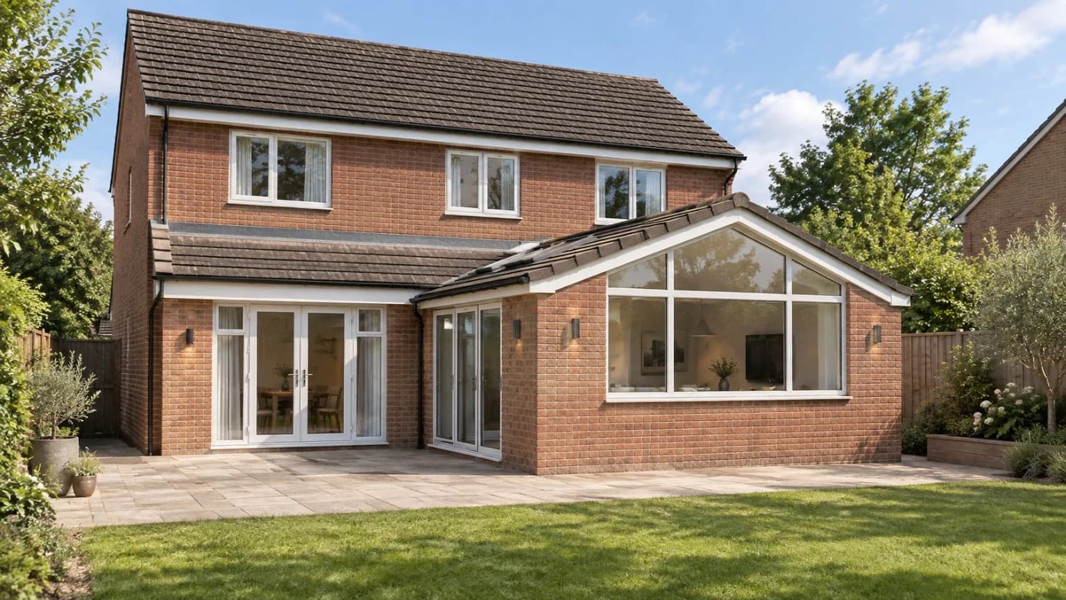 Rear extension in Stokesley with matching brickwork, a pitched tiled roof, glazed gable and white-framed doors opening onto a garden patio