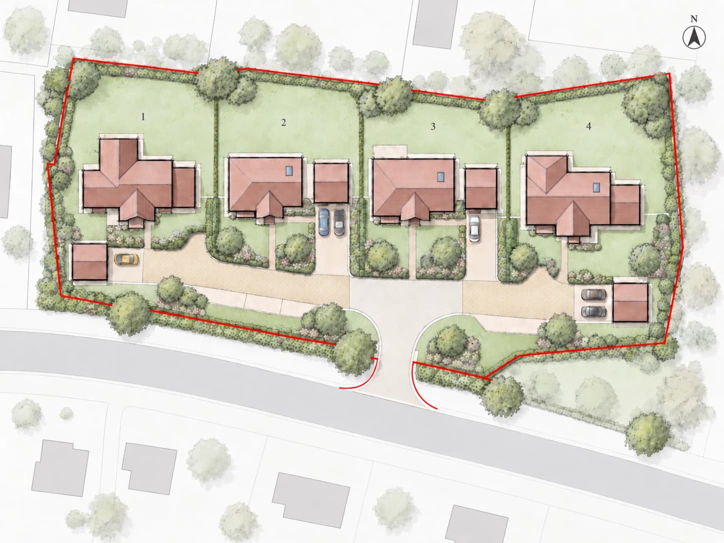 Illustrative site layout of four homes with access, parking, gardens and landscaping