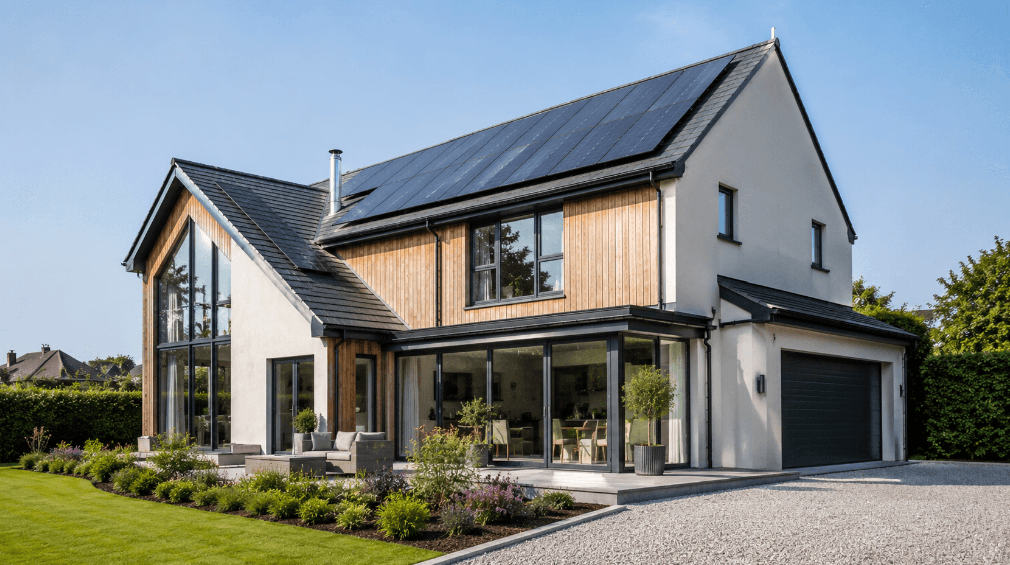 Illustrative contemporary home with roof-mounted solar panels