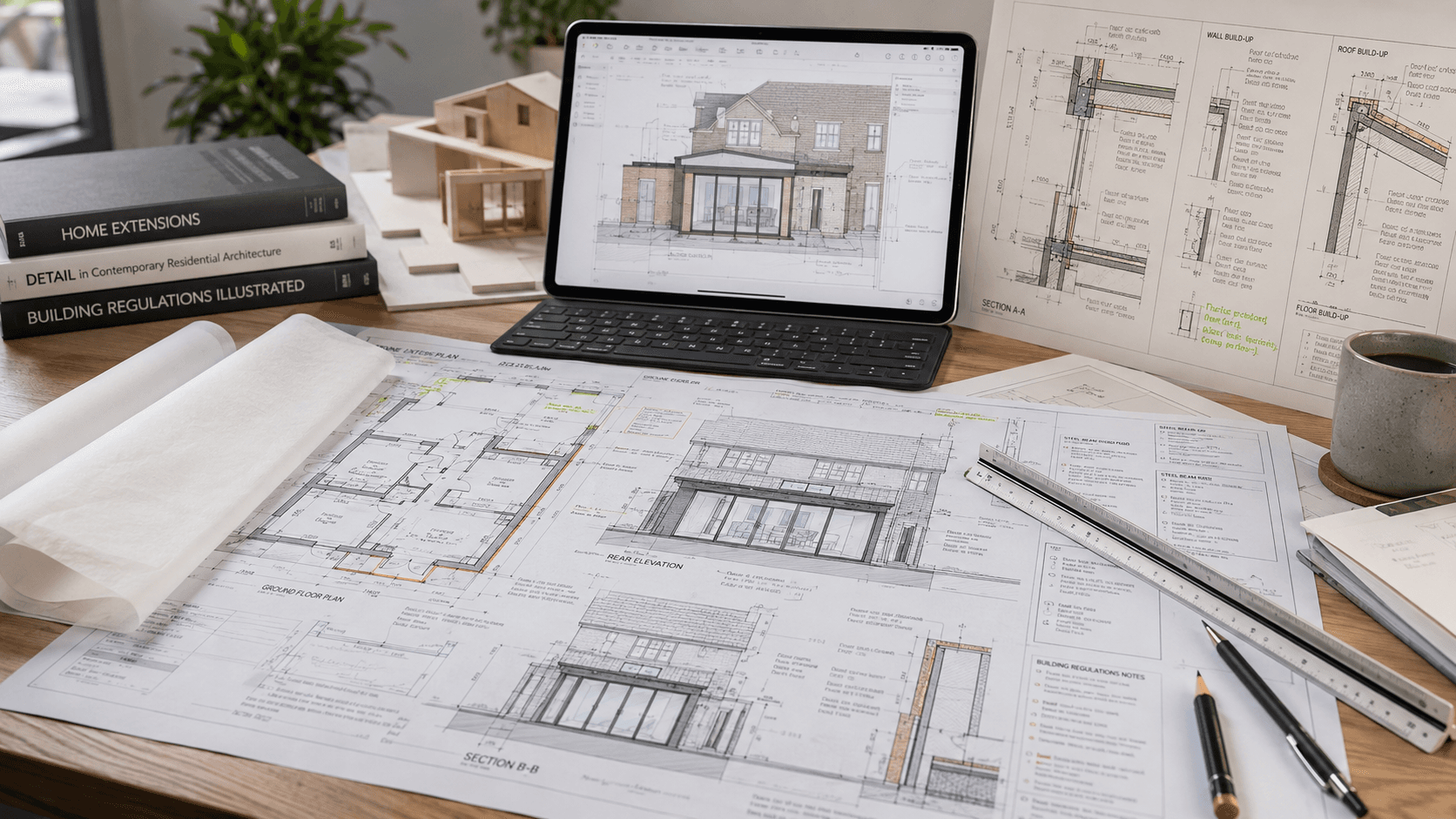 Architectural drawings, building sections and an elevation arranged on a desk